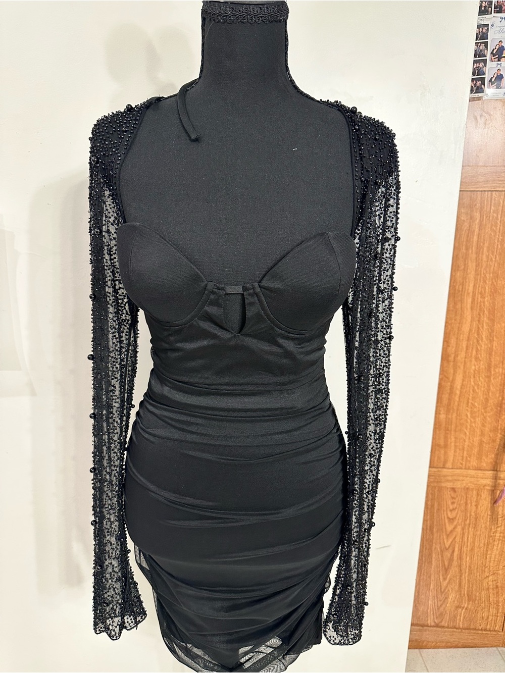 Fashion Nova Black Beaded Mesh Sleeve Bodycon Mini Dress